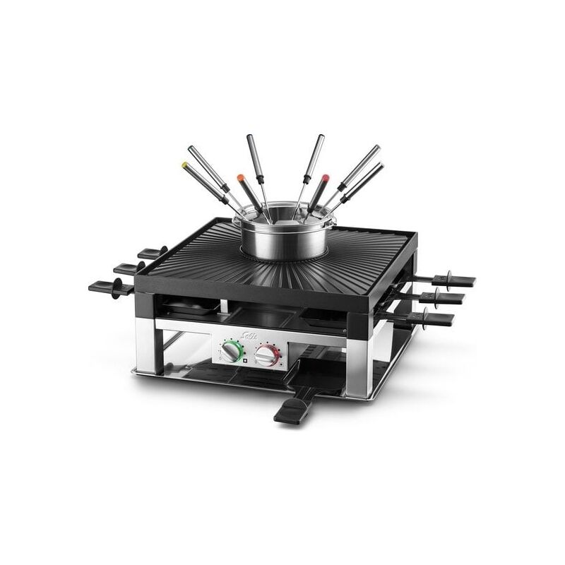 Jamais utilise] Solis Gril multifonction Solis 796 - 3 en 1 Fondue, Raclette, et Pierrade - 8 personnes - Argent/Noir