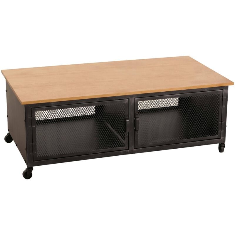 [JAMAIS UTILISÉ] Table basse HHG-030, table de salon, roulettes 2 compartiments, structure 3D industrielle rétro métal bois 45x120x60cm, noir, naturel