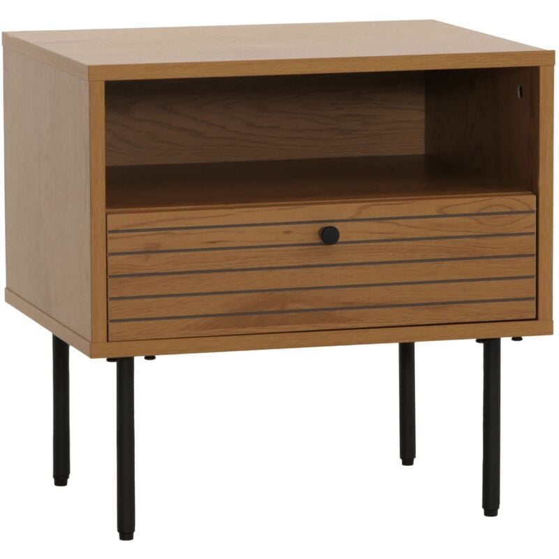 Jamais utilisé] Table de nuit HHG 307, table de nuit, tiroir, style scandinave métal bois mélamine mvg 50x40x50cm, naturel