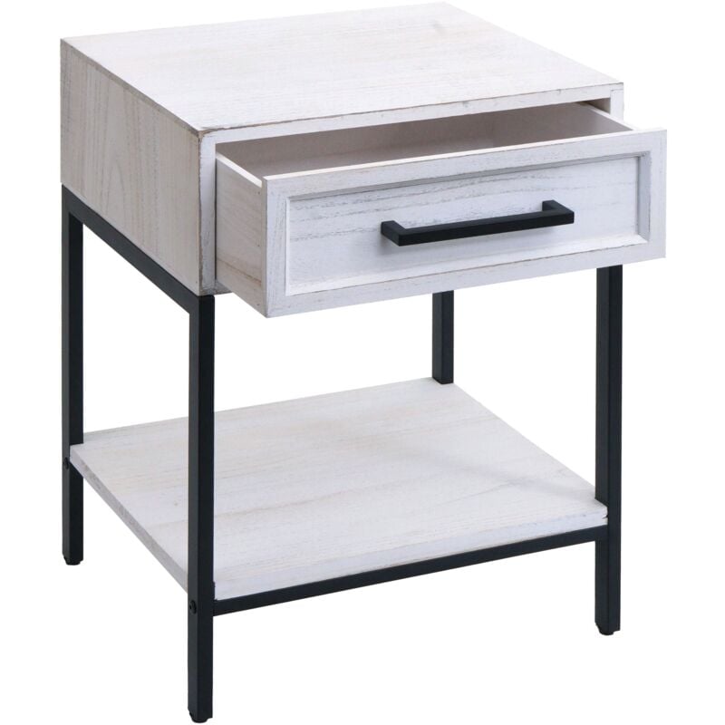 Jamais utilisé] Table de nuit HHG 701, commode table d'appoint armoire, tiroir shabby look bois de paulownia 59x43x36cm, blanc