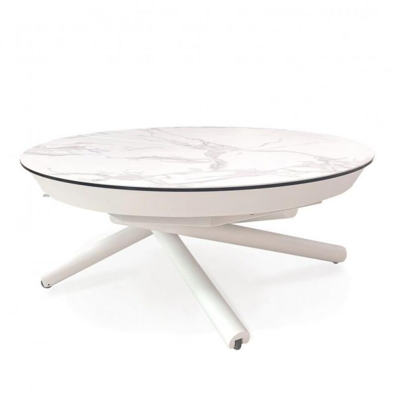 [JAMAIS UTILISE] Table relevable extensible RONDO piétement métal plateau céramique marbre blanc