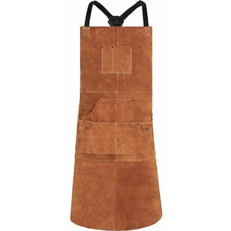 FDC [JAMAIS UTILISÉ] Tablier de Soudure, Tablier de Travail en Cuir de Vachette avec 6 Poches, 24x 36 Tablier de Cuisine Multifonctionnel, Brets Réglables de M à XXL pour Hommes et Femmes (Marron)