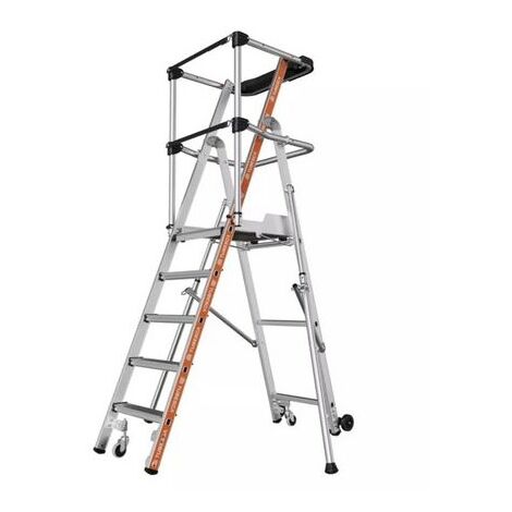 [JAMAIS UTILISE] Tubesca Comabi – Escabeau plate-forme 6 marches aluminium – Hauteur de travail 3.40m – Garde-corps rigide antichute – Tablettes porte-outils amovibles
