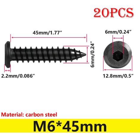 [JAMAIS UTILISÉ]20 Pièces Vis Autotaraudeuses à Tête Plate M6x45mm Vis à Bois à Six Pans Creux, pour Plastique Bois Métal, Noir