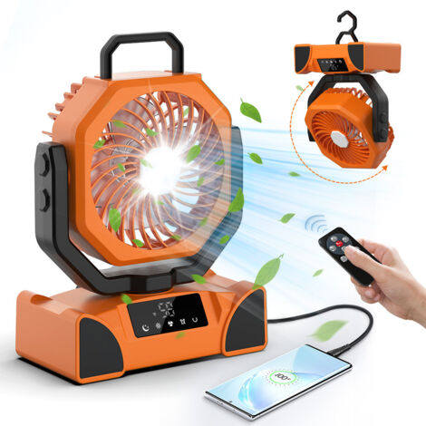 [JAMAIS UTILISÉ]20000mAh Ventilateur de Camping, Ventilateur Portable Rechargeable 5 Vitesses, Ventilateur USB Silencieux avec Lumière LED, Télécommande et Crochet，orange