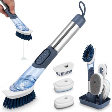 [JAMAIS UTILISÉ]27CM Brosse à Vaisselle Set avec 4 Têtes Remplacement et Support, Brosse de Nettoyage avec Distributeur de Savon,Brosse a Vaisselle de Cuisine pour Vaisselle Casserole Poele et Evier N