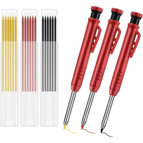 [JAMAIS UTILISÉ]3 Pièces Crayon Chantier, Crayon Menuisier avec 18 Recharges Gris Jaune Rouge, Crayon de Chantier avec Taille-Crayon Intégré pour Dessin Faire Scribering Travail du Bois