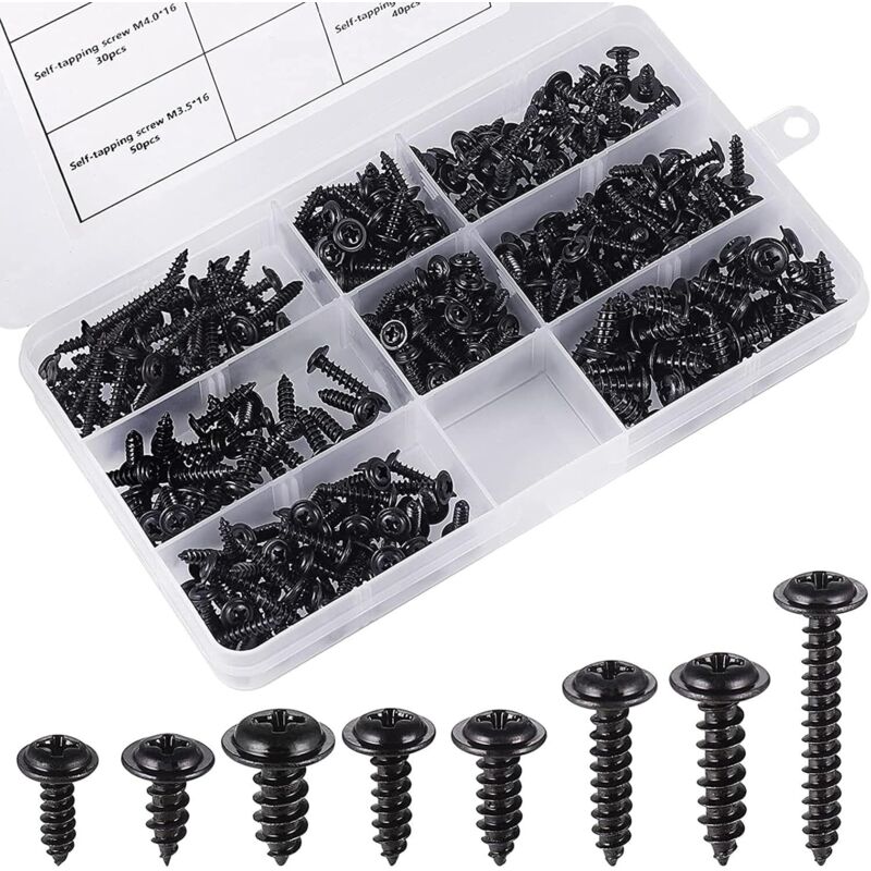 [NUNCA USADO] 340 tornillos autorroscantes negros para chapa metálica, 8 tamaños diferentes, de acero inoxidable al carbono, de cabeza plana, de