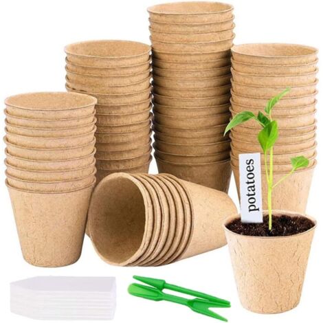 [JAMAIS UTILISÉ]50 Pièces Pot Semis Biodégradable 8cm Bassin de Greffe en Fibresrond Pots de Semis Pots de Plantes avec 50 Étiquettes de Plantes et Paire d'outils de Jardinage pour Graine Plante Fleur