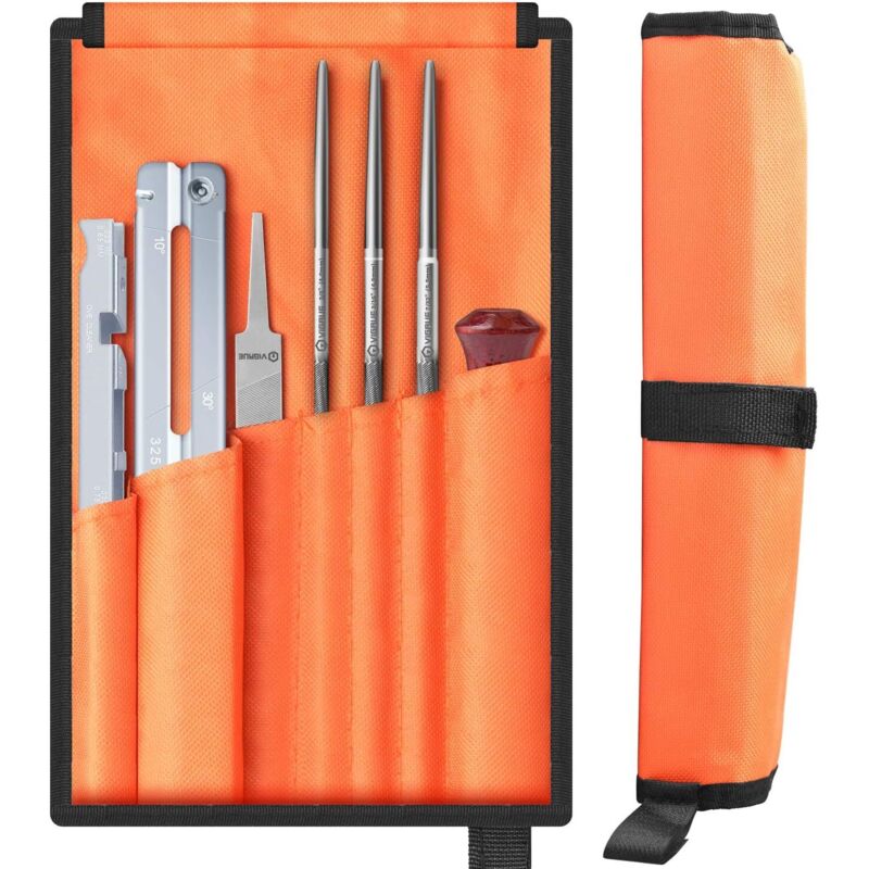 [NUNCA USADO] Afilador de motosierra (7 piezas) con lima redonda de 5/32, 3/16 y 7/32, guía, lima plana, lima de aguja, mango, calibre y