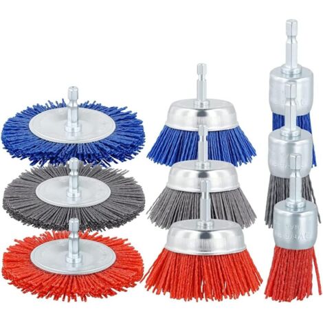 [JAMAIS UTILISÉ]Accessoires pour Roues de Brosse Métallique Abrasive à Filament Ensemble de 3 Brosses en Nylon avec Perceuse 1/4" pour Enlever la Peinture Antirouille