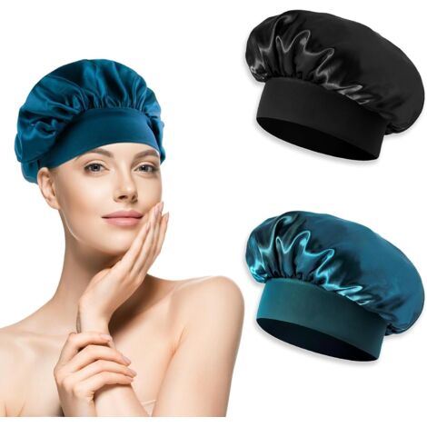 [JAMAIS UTILISÉ]Bonnet de Soie pour Dormir, Chapeaux de Couchage Elegant Bonnet de Nuit en Satin Doux et Confortable, Protection Cheveux, Couleurs Noir et Bleu Paon, Taille Ajustable avec Bande Élasti