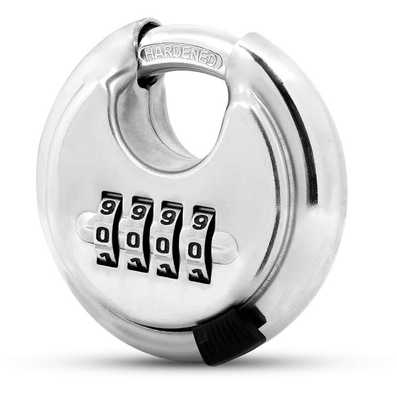 [NUNCA USADO] Candado de disco con combinación de 4 dígitos y sin llave, de acero endurecido, para cobertizos, cercas, unidades de almacenamiento,