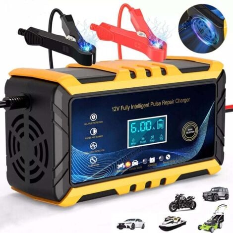YMYNY [JAMAIS UTILISÉ]Chargeur de batterie de voiture - Chargeur de batterie intelligent 12 V/6 A, écran LCD, mainteneur de chargeur de batterie, noir/jaune
