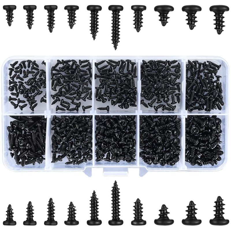 [NUNCA USADO] INHHUB - 500 tornillos autorroscantes de cabeza Phillips, autoperforantes, de cabeza redonda negra, para madera, plástico, madera y