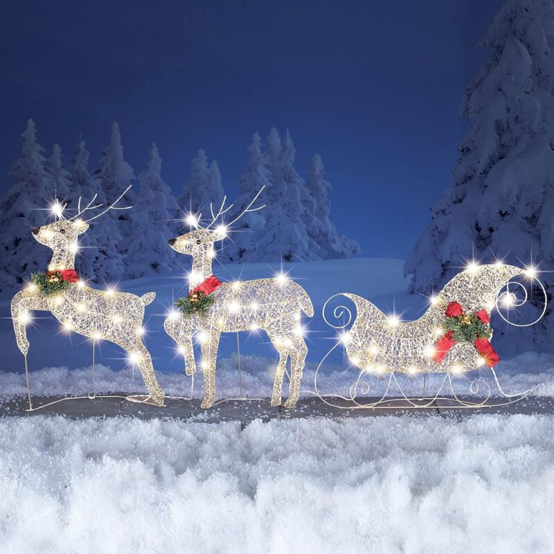 Jamais utilisé] Dpzo Set of 3 Outdoor Deer Argenté Christmas Decorations Light Up, Pre-Lit 60 Lights for Santa Sleigh and Reindeer Decor with Stakes