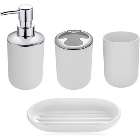 [JAMAIS UTILISÉ]Ensemble d'accessoires de salle de bain au design moderne, 4 pièces, bouteilles de lotion, porte-brosse à dents, tasse à dents, porte-savon, blanc-quatre
