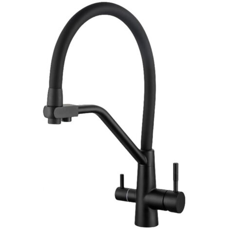 [JAMAIS UTILISÉ]Filtre à eau Robinet de cuisine en laiton Grue de filtration d’eau potable Mélangeur à double bec Robinet d’évier d’eau propre rotatif à 360 degrés (noir)