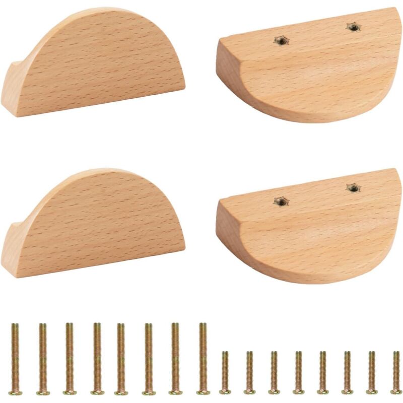 Jamais UTILISÉ]Half Moon Drawer Handles, 4 Pieces Half Circle Wooden Pull Beech Wood Drawer Hardware Double Hole Wardrobe Drawer Hardware for Drawer