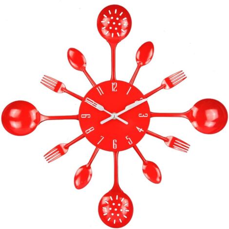 [JAMAIS UTILISÉ]Horloge murale, 16" Métal Cuisine Couverts Ustensiles Cuillère Fourchette Horloge Murale Créative Moderne Décoration Intérieure Style Antique Horloge Murale (Rouge)