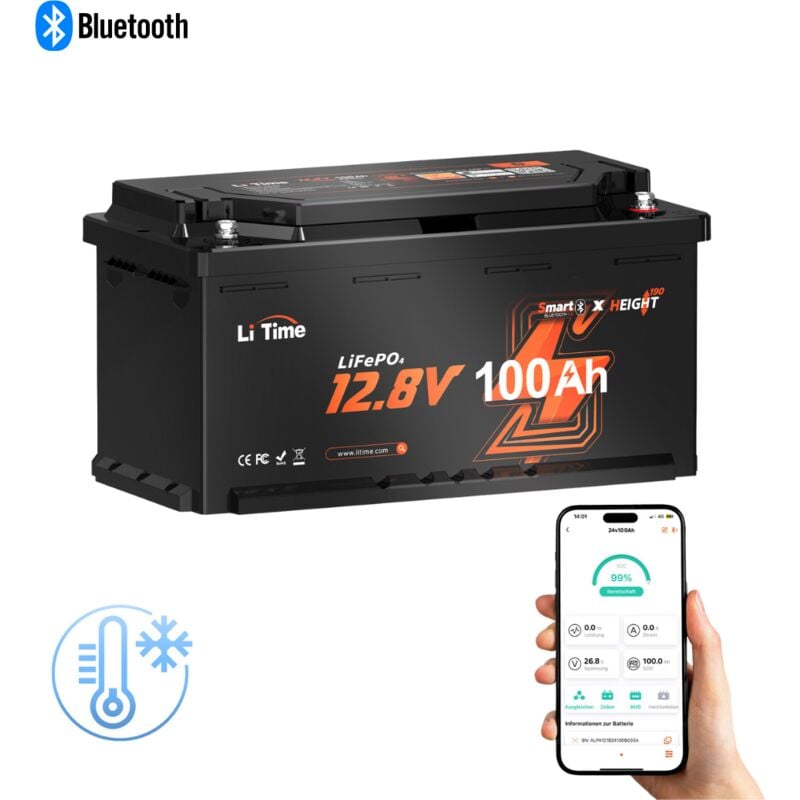 Jamais utilisé] Litime Batterie Lithium LiFePO4 12V 100Ah - Bluetooth pour Camping-car, rv, Caravane, Hauteur 190mm, Installation sous Siège,