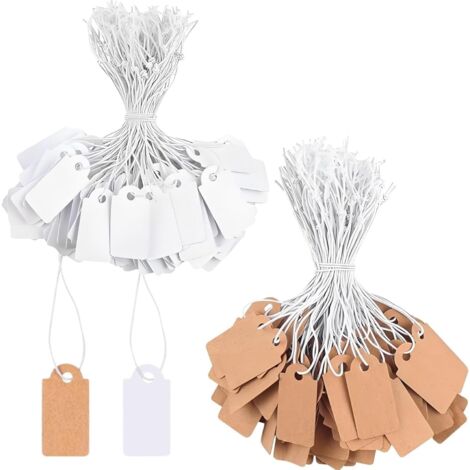 [JAMAIS UTILISÉ]Lot de 200 petites étiquettes de prix avec cordon élastique - 26 x 13 mm - Étiquettes à suspendre pour bijoux, cadeaux, Noël (blanc et marron)