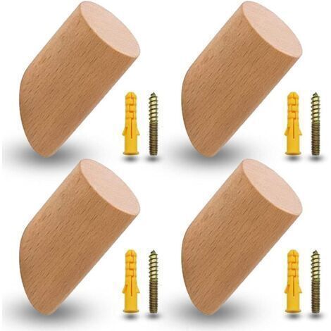 [JAMAIS UTILISÉ]Lot de 4 patères en hêtre, patères en bois, crochets, crochets muraux avec 4 vis et tubes d'expansion pour bureau, cuisine, maison, vêtements (6 cm)