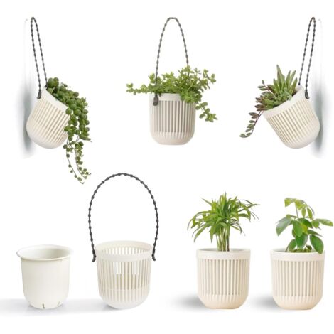[JAMAIS UTILISÉ]Lot de 6 pots de fleurs en deux pièces de 8,7 cm avec drainage, poignée flexible et amovible, pots de fleurs pour mini plantes, petits pots de fleurs à suspendre pour mur, fenêtre, bla