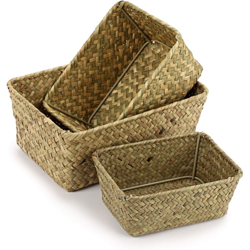 [JAMAIS UTILISÉ]Panier de rangement en jonc de mer, panier de rangement rectangulaire tissé à la main, ensemble de trois pièces