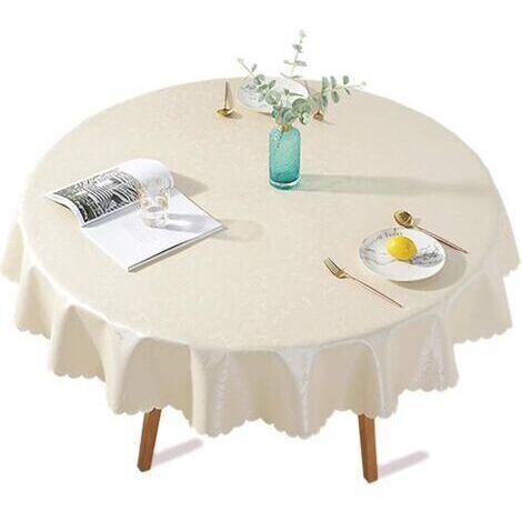 [JAMAIS UTILISÉ]PU Nappe Enduite Plastique Ronde Anti Tache Toile Cirée Impermeable Impression Elegante Fleurs pour Picnic, Exterieur, Jardin - Diametre 140 cm, Beige Clair