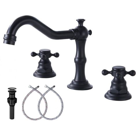 [JAMAIS UTILISÉ]Robinet de salle de bain noir GGStudy Faucets Lavabo de salle de bain 2 poignées 3 trous Robinet de salle de bain largement répandu de 8 pouces avec ensemble de vidange et tuyau
