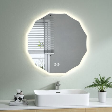 OLM09 Miroir de salle de bain rond avec horloge, antibuée, lumière blanche  chaude 