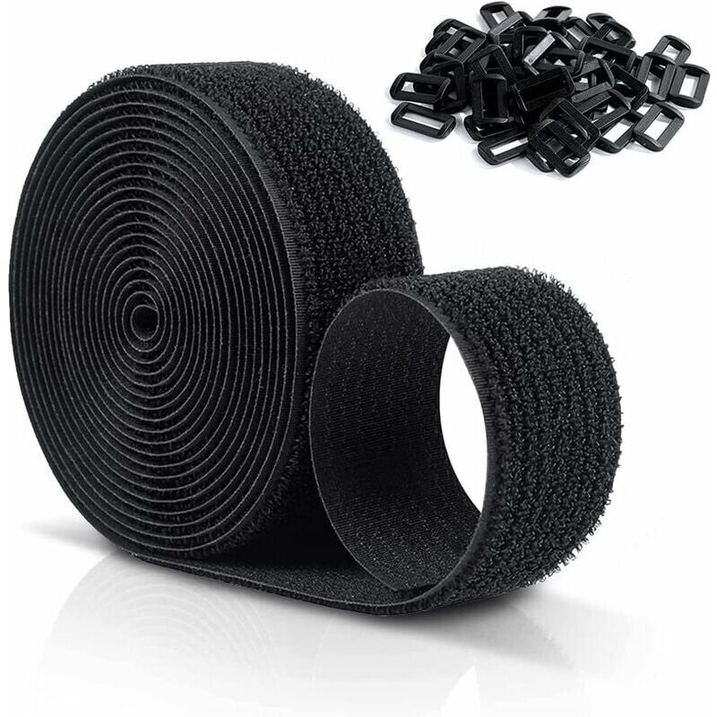 [NUNCA USADO] Correas de velcro reutilizables de 10 m x 25 mm, correas ajustables para cables con 50 hebillas de plástico, bridas de nailon negras