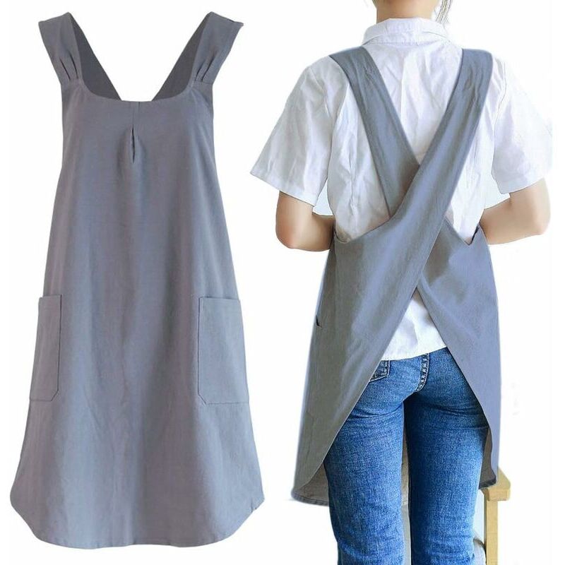 Jamais UTILISÉ]Tablier de jardin en lin japonais pour femme avec poches mignonnes pour cuisiner, peindre, jardiner, nettoyer, gris - gris foncé pour