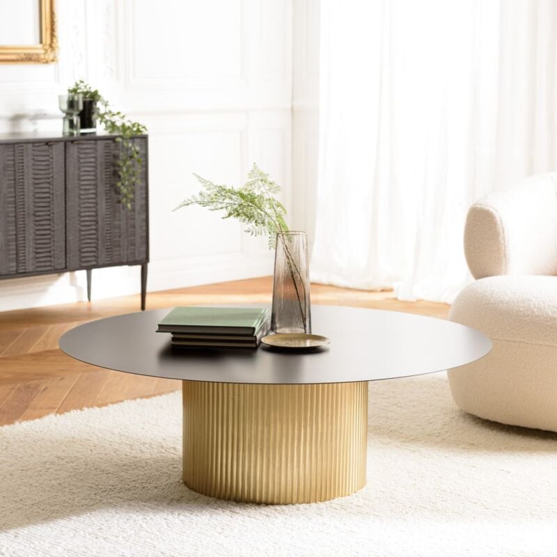 Macabane - james - Table basse ronde 110x110cm plateau en fer noir pied strié doré