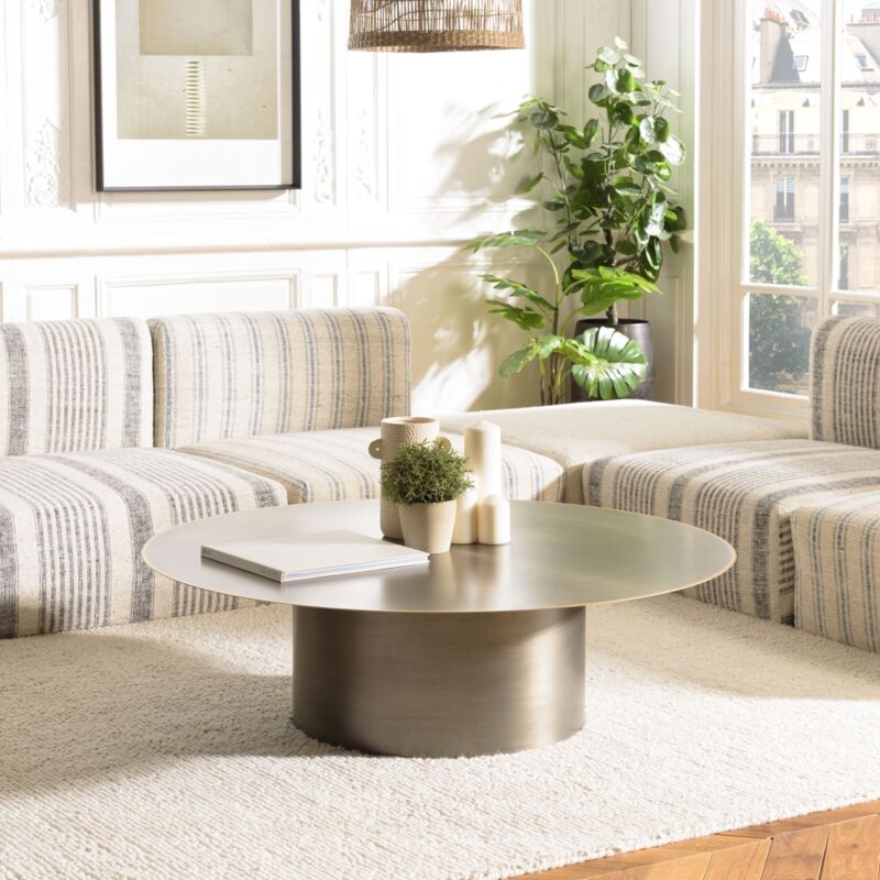 Macabane - james - Table basse ronde 120x120cm en fer noir et bordure dorée