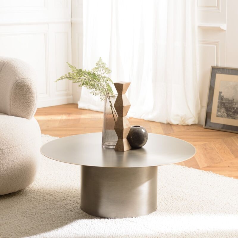 Macabane - james - Table basse ronde 80x80cm en fer noir et bordure dorée