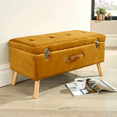 main image of "James Velvet Mustard Ottoman Storage Box Pouffe Stool Footstool Storage Bench"