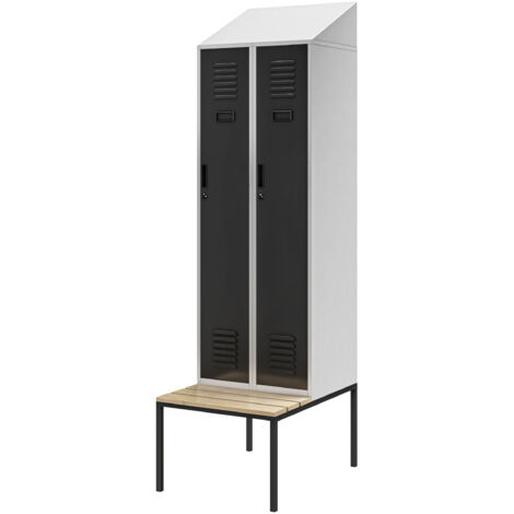 Jan Nowak Spind Umkleidespind Umkleideschrank Spindschrank Schließfachschrank mit Sitzbank Lüftungsschlitze Pulverbeschichtet 229,5 cm x 60 cm x 85 cm, Farbe Grau-Anthrazit