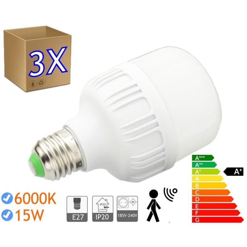 3 x Ampoules led 15W E27 à vis 6000K Blanc froid sensor Ampoules led avec détecteur - Jandei