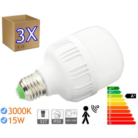 Jandei - 3 x Bombillas LED 15W rosca E27 luz 3000K SENSOR Bombillas LED con detector