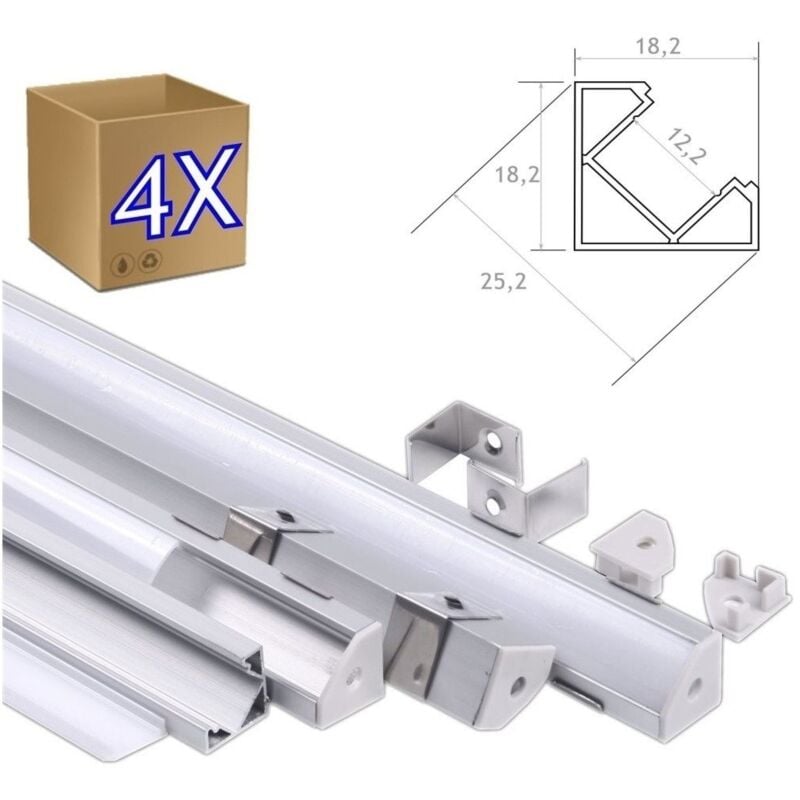 Bande led d'angle en profilé aluminium 4x1m avec couvercle translucide, profil 18,2x18,2 mm pour bandes led - Jandei