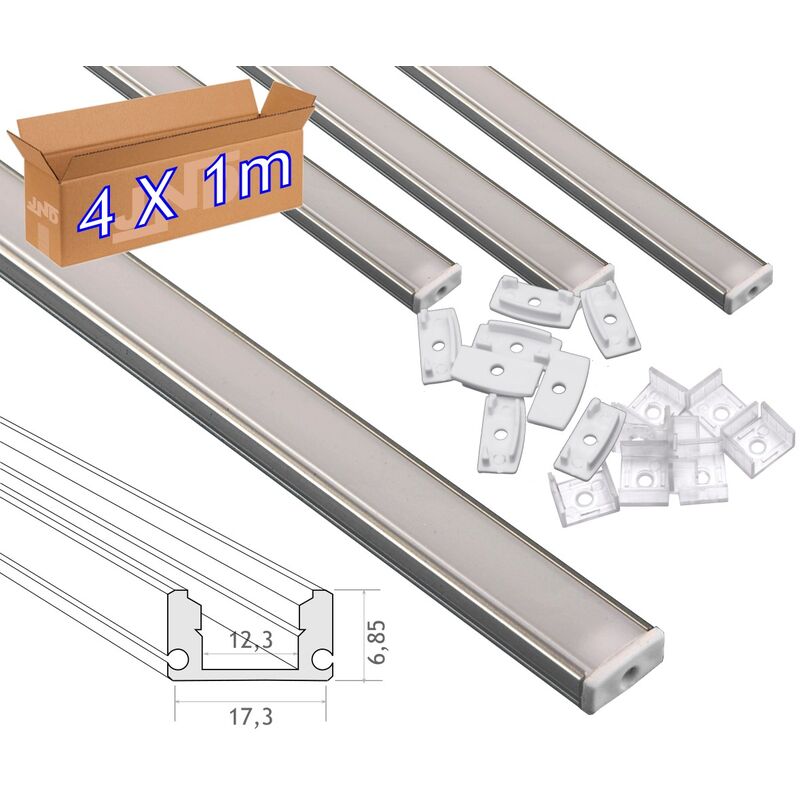 Image of 4x1m Profilo in alluminio tira Surface led con coperchio traslucido 12,3x6,08 mm Strips led - Jandei
