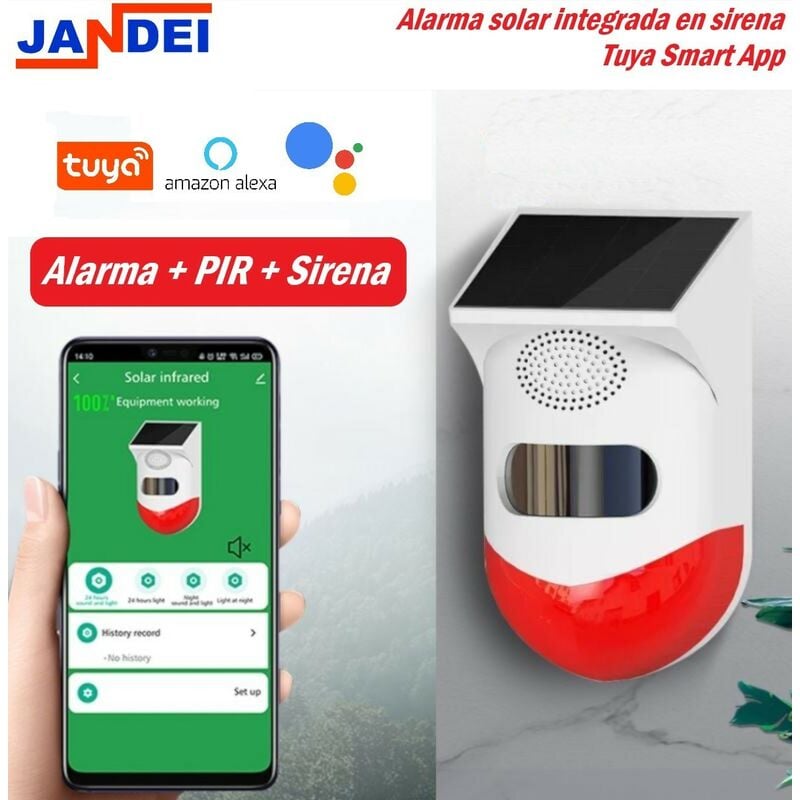 Jandei - Alarme solaire intégrée à la batterie de la sirène extérieure Tuya Smart App Amazon Alexa Google Home Security App Tuya