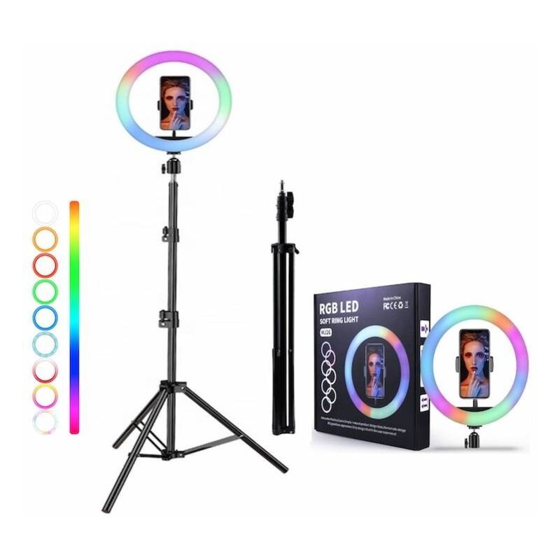 

Anillo led con trípode 2,1m diámetro aro 260mm regulable RGB + CCT luz de anillo selfie LED Youtube TikTok - Jandei