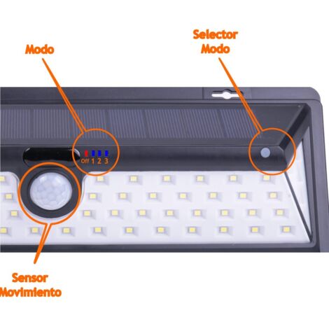 jandei Aplique Solar LED Exterior IP64, 65 LEDS 800 Lúmenes. Ángulo Detección 120º Batería Li-ion 2500mA, Sensor De Movimiento, 3 Modos De Iluminación. Duración hasta 12 Horas En Carga Total.
