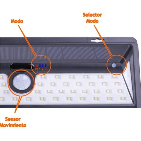 Jandei Aplique Solar LED Exterior IP64, 65 LEDS 800 Lúmenes. ¡ngulo Detección 120º BaterÌa Li-ion 2500mA, Sensor De Movimiento, 3 Modos De Iluminación. Duración hasta 12 Horas En Carga Total.