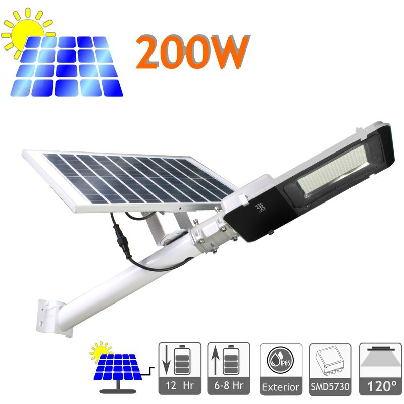 

x2 Farola LED 200W Solar Exterior IP65 Panel Orientable 25W 200 LEDS 3000 Lúmenes 6000K Blanco Frío Batería Ion-Litio - Jandei