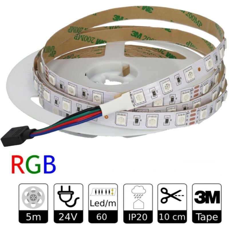 Jandei - Bande LED 24v RGB Intérieur IP20 60led/m Smd5050 Adhésif 3m Bobine 5m Bande LED 24V