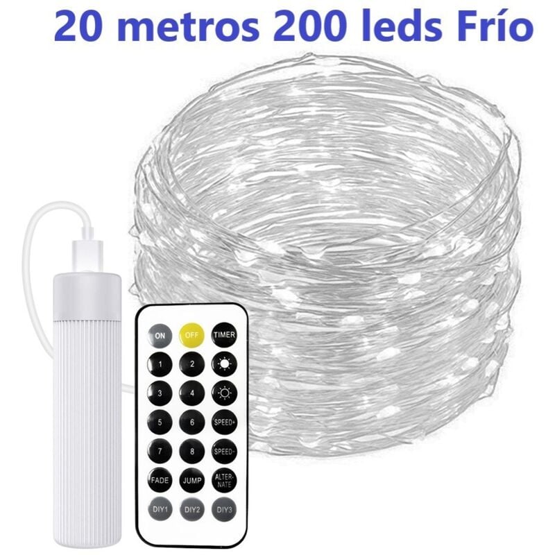 Guirlande lumineuse rechargeable usb 20m 200leds froid avec télécommande Batterie 1800MA Guirlandes led - Jandei